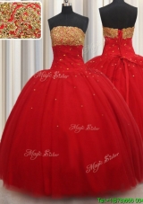 Modest Puffy Skirt Beaded Strapless Red Quinceanera Dress in Tulle