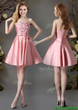 Best Selling Applique and Bowknot Pink Short Bridesmaid Dress in Satin