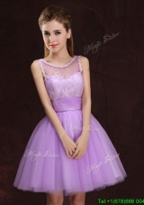 Simple See Through Scoop Tulle Laced Bridesmaid Dress in Lilac