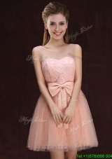 Modern See Through Scoop Laced Pink Bridesmaid Dress with Bowknot