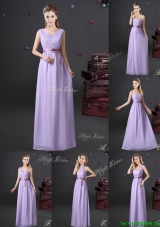 Simple Chiffon Lavender Long Bridesmaid Dress with Lace and Belt