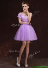 Sweet Tulle Lilac One Shoulder Prom Dress with Short Sleeve
