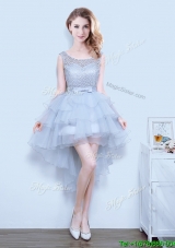Exclusive High Low Grey Prom Dress with Bowknot and Ruffled Layers