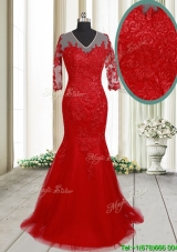 Lovely Mermaid V Neck Brush Train Laced Red Prom Dress with Half Sleeves