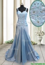Best Column Straps Taffeta Zipper Up Prom Dress in Light Blue