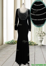 Pretty Column Scoop Pearled Backless Black Prom Dress with Long Sleeves