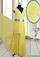 Popular Beaded and Belted V Neck Chiffon Yellow Prom Dress with Cap Sleeves