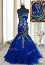 Perfect Mermaid Brush Train Tulle Prom Dress with Sequins and Peacock Appliques