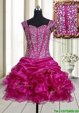 Pretty Visible Boning Straps Beaded Bodice and Ruffled Prom Dress in Fuchsia