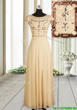 Discount See Through Back Beaded Cap Sleeves Chiffon Prom Dress in Champagne