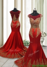 Beautiful Brush Train Mermaid Cap Sleeves Prom Dress with Beading and Appliques