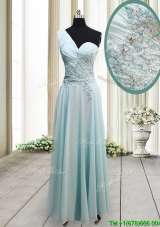 Unique One Shoulder Chiffon Light Blue Prom Dress with Appliques and Beading