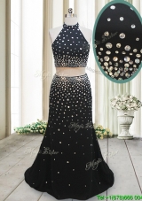 Luxurious Two Piece Halter Top Backless Black Prom Dress with Brush Train