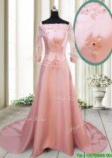 Beautiful A Line Square Brush Train Applique Prom Dress with Long Sleeves