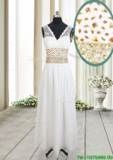 Elegant Beaded and Laced V Neck Chiffon White Prom Dress in Ankle Length