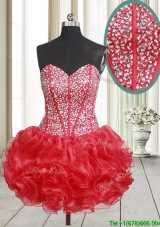 Top Seller Visible Boning Beaded Bodice and Ruffled Red Prom Dress in Organza