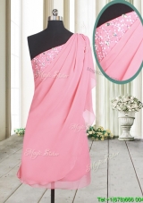 Cheap One Shoulder Chiffon Rose Pink Short Prom Dress with Beading