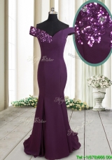 Classical Mermaid Off the Shoulder Brush Train Sequined Prom Dress in Dark Purple