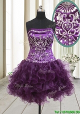 Exclusive Strapless Beaded and Ruffled Dark Purple Prom Dress in Organza