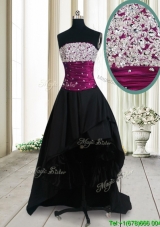 New Style Strapless Beaded Bust High Low Black Prom Dress in Taffeta