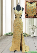 Popular Straps Cut Out Waist Backless Prom Dress with Beading and High Slit