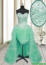 Elegant High Low Brush Train Beaded and Ruffled Prom Dress in Apple Green