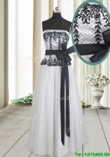 Cheap Strapless White and Black Long Prom Dress with Bowknot and Lace