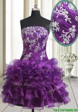 Pretty Strapless Organza Purple Short Prom Dress with Beading and Ruffled Layers
