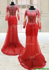 Popular Scoop Laced Column Brush Train Red Prom Dress with Long Sleeves