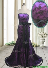 Hot Sale Laced and Bowknot Strapless Black and Purple Prom Dress with Brush Train