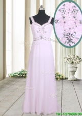 Best Selling Beaded Empire Straps Chiffon Long Prom Dress in Baby Pink