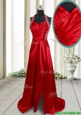 High Slit Beaded Decorated Halter Top Criss Cross Prom Dress in Elastic Woven Satin