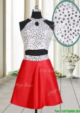 Discount Two Piece Halter Top Red and White Short Prom Dress with Beaded Bodice