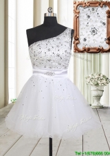 Fashionable One Shoulder Beaded Bodice Zipper Up White Prom Dress in Tulle
