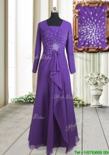 Elegant Square Long Sleeves Beaded Zipper Up Purple Prom Dress in Floor Length