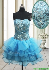 Popular Zipper Up Baby Blue Short Prom Dress with Sequins and Ruffled Layers