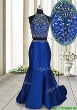 Fashionable Two Piece Criss Cross Brush Train Royal Blue Prom Dress with Beading