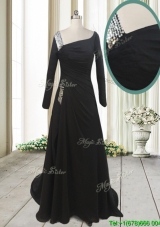 Fashionable Asymmetrical Neck Brush Train Black Prom Dress with Long Sleeves