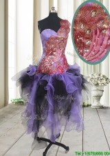 Discount One Shoulder Peacock Applique Ruffled Short Prom Dress in Asymmetrical