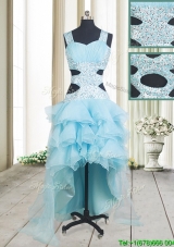 Popular Beaded and Ruffled Layers High Low Aquamarine Prom Dress with Criss Cross