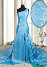 Lovely Zipper Up Mermaid One Shoulder Applique Prom Dress with Brush Train