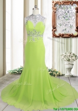 Unique Column High Neck Backless Spring Green Brush Train Prom Dress with Beading