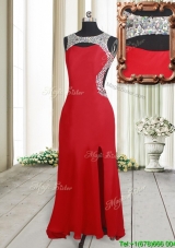 Affordable Beaded Decorated Scoop Elastic Woven Satin Prom Dress with High Slit