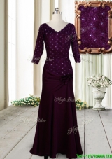 Classical V Neck Beaded and Laced Dark Purple Prom Dress with Half Sleeves