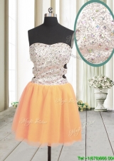 Latest Cut Out Waist Zipper Up Orange Red Prom Dress with Beading and Sequins