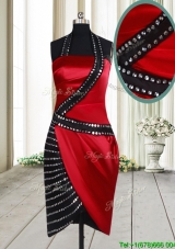Column Halter Top Wine Red and Black Short Prom Dress in Elastic Woven Satin