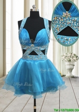 Perfect Beaded Decorated Halter Top Baby Blue Backless Prom Dress in Organza
