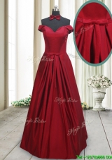 Elegant Bowknot Off the Shoulder Wine Red Long Prom Dress in Taffeta