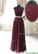 Discount Two Piece Cap Sleeves Burgundy Prom Dress with Beaded Decorated Waist
