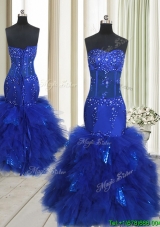 Beautiful See Through Mermaid Beaded and Sequined Ruffled Prom Dress in Royal Blue